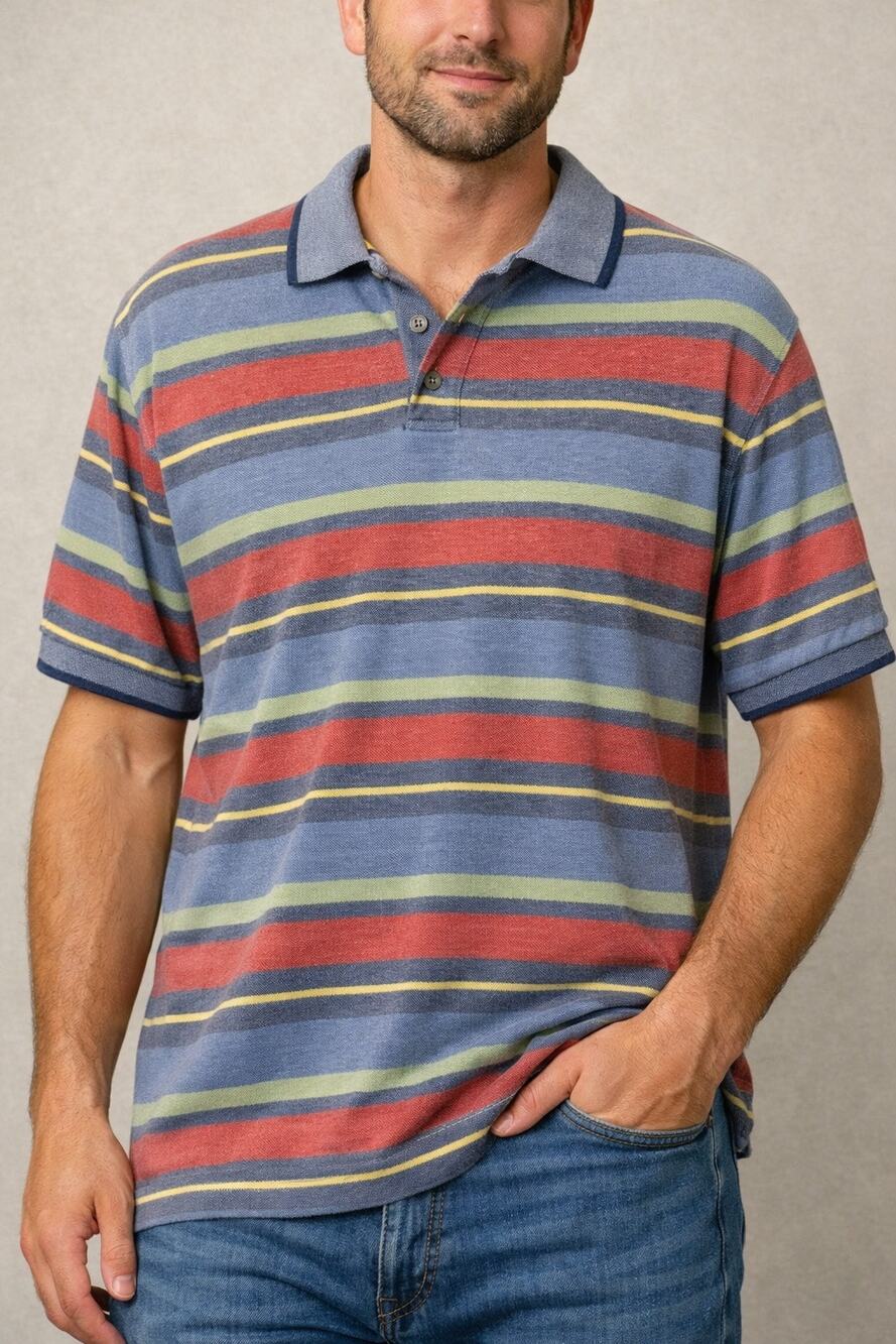 Apparel Workshop Men’s Striped Polo Shirt Size Medium • Short Sleeve Casual Knit